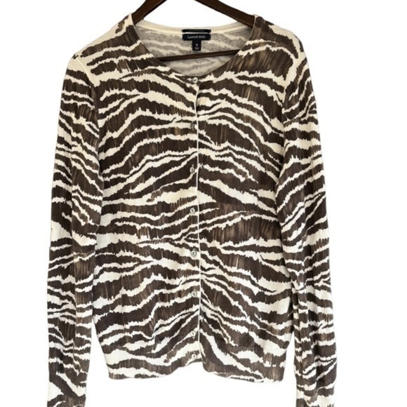 Lands' End Cardigan Sweater Size XL Brown and Cream Animal Print Supima Cotton - Picture 1 of 7